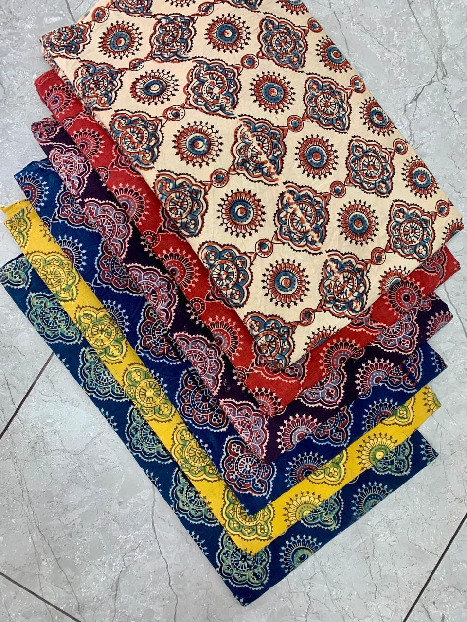 Ajrakh cream-tone handblock printed pure cotton wholesale fabric with handcrafted motifs and natural-dye detailing — Fabtexs